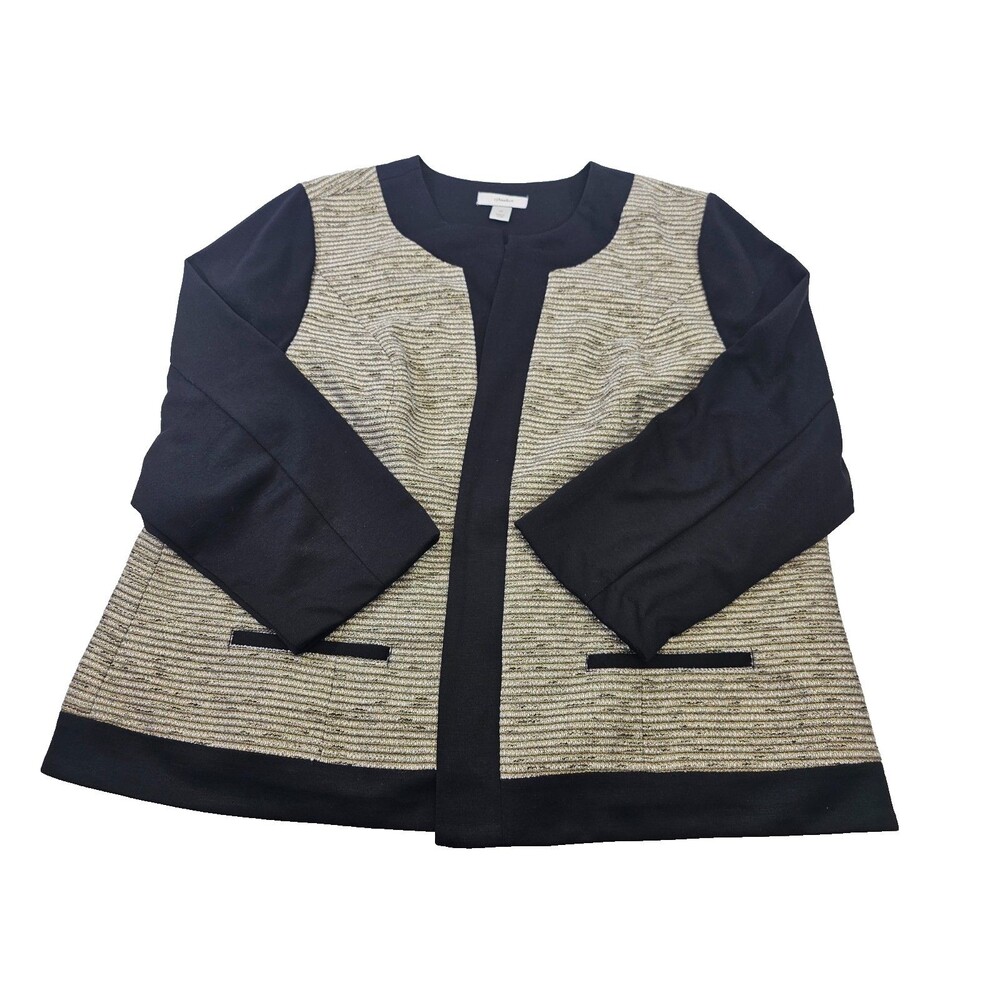 CJ Banks 2X 22/24 Plus Black Gold Shimmery Blazer Jacket Coat Open Suit EUC